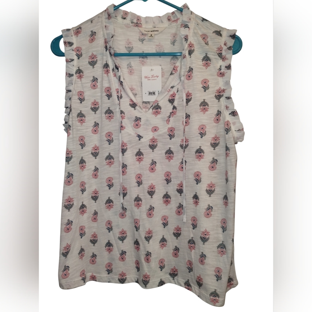 Lucky Brand- White Floral Sleeveless Blouse, Size M